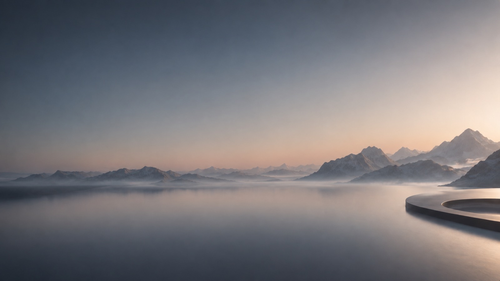 Cinematic desktop scene: misted water, mountains, and a dark architectural edge